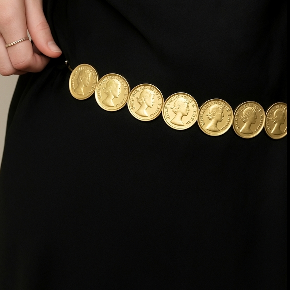 COIN VINTAGE Belt Stretch Embossed Gold Boho Medallion Retro Y2K Maximalist Glam - Picture 1 of 15